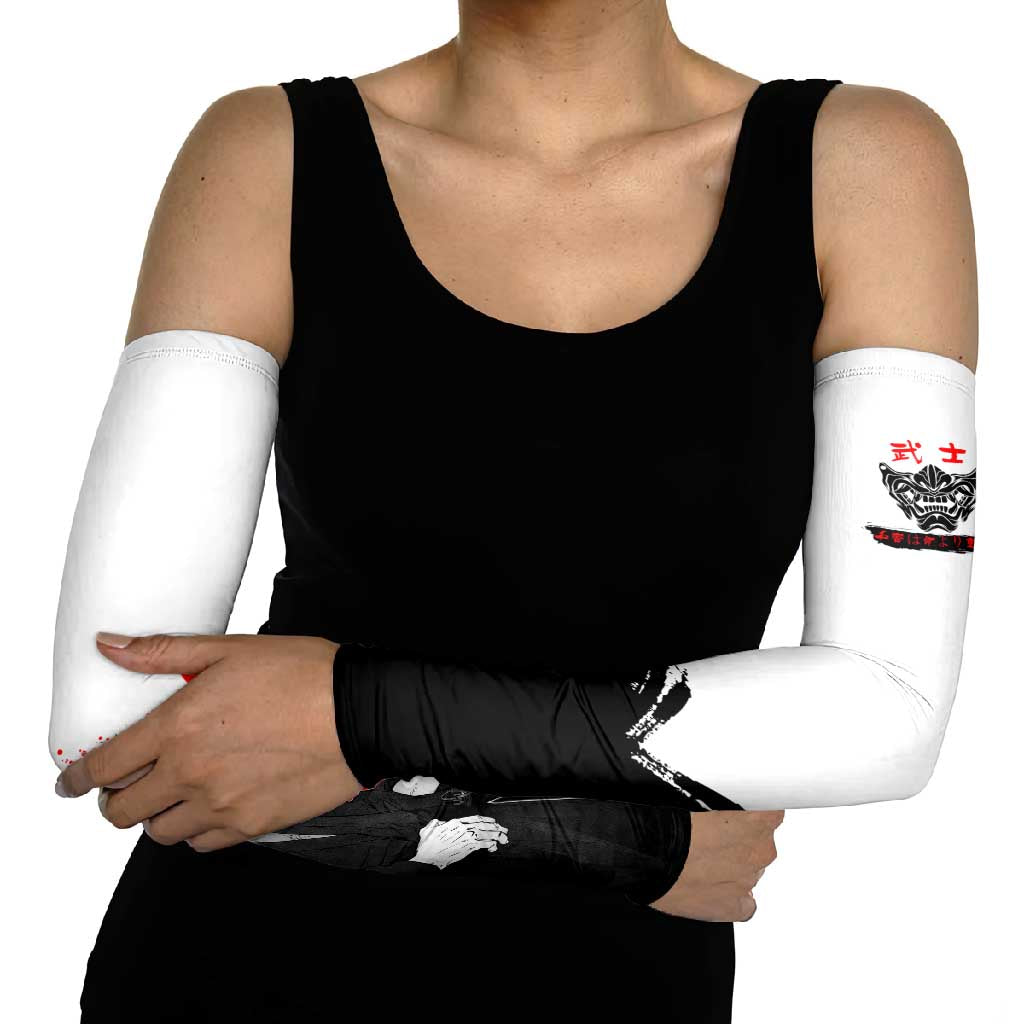 Satoru Gojo Jujutsu Kaisen Samurai Style Arm Sleeves with Katana, Red Kanji and Oni Mask Illustration - The Mazicc