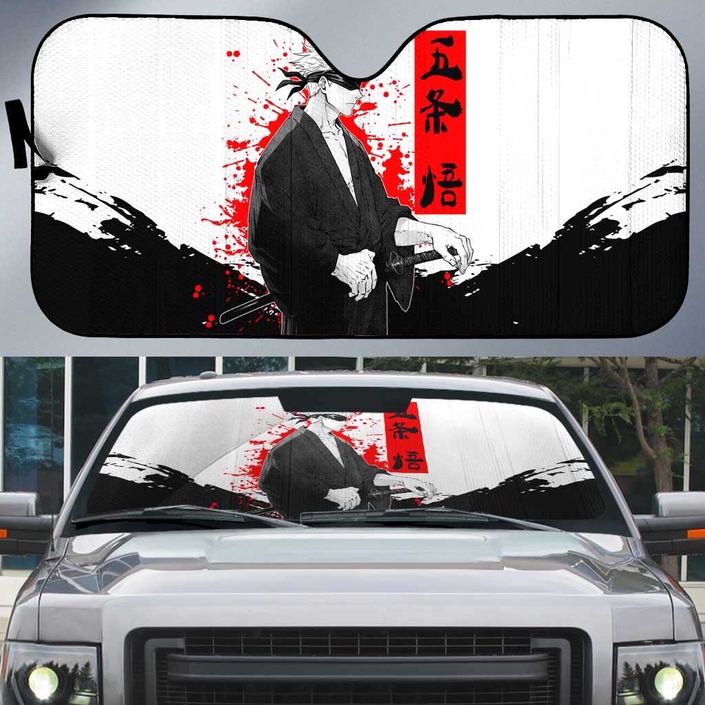 Satoru Gojo Jujutsu Kaisen Samurai Style Auto Sun Shade with Katana, Red Kanji and Oni Mask Illustration - The Mazicc