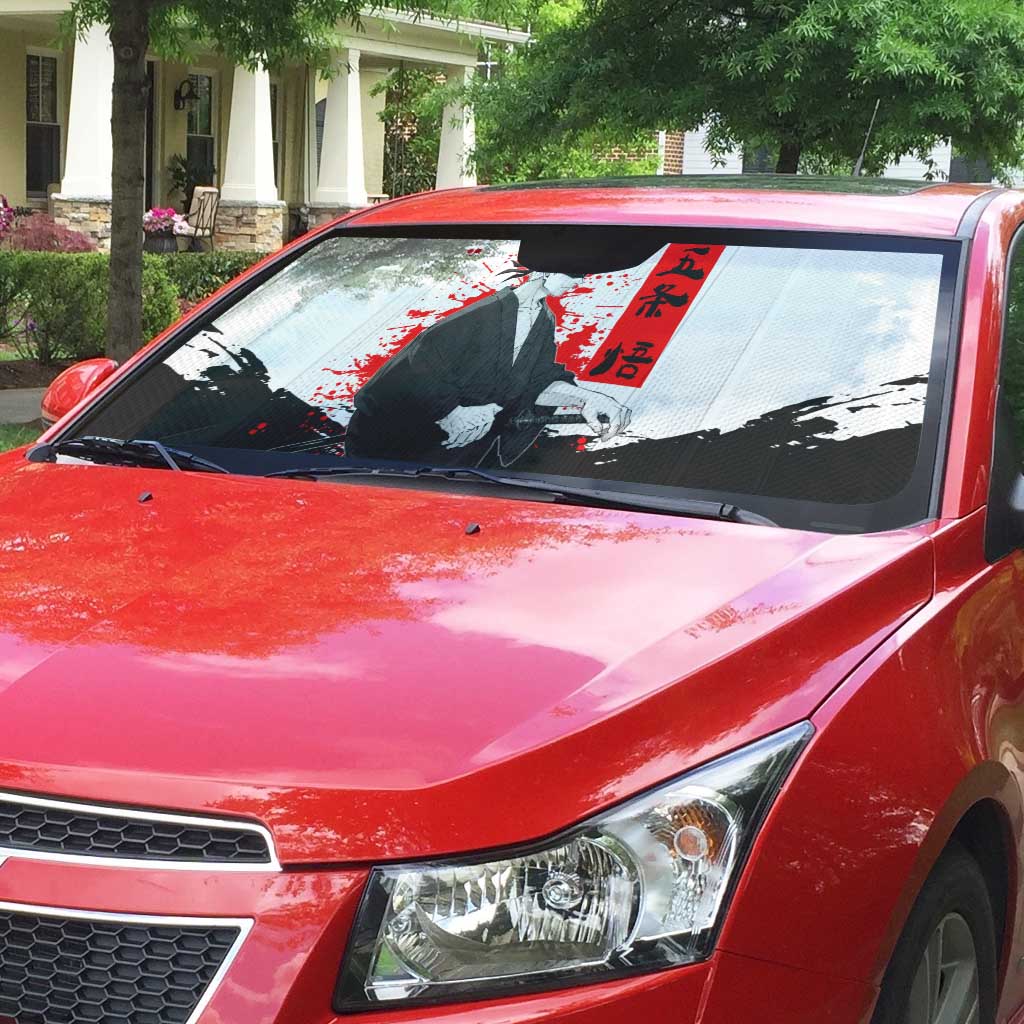 Satoru Gojo Jujutsu Kaisen Samurai Style Auto Sun Shade with Katana, Red Kanji and Oni Mask Illustration - The Mazicc