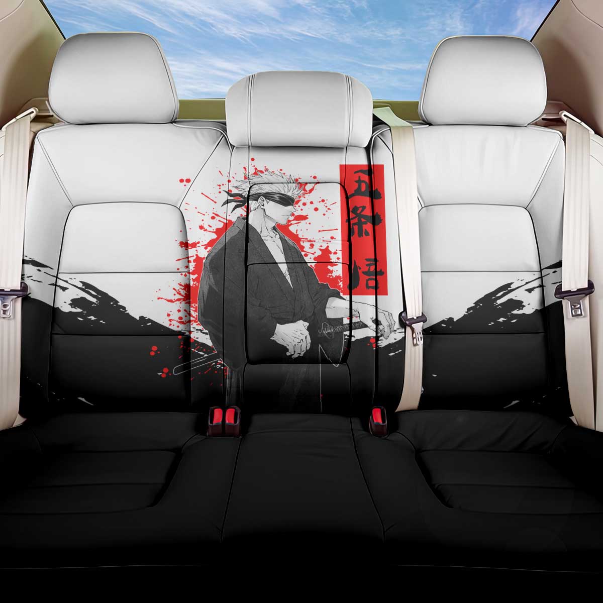Satoru Gojo Jujutsu Kaisen Samurai Style Back Car Seat Cover with Katana, Red Kanji and Oni Mask Illustration - The Mazicc