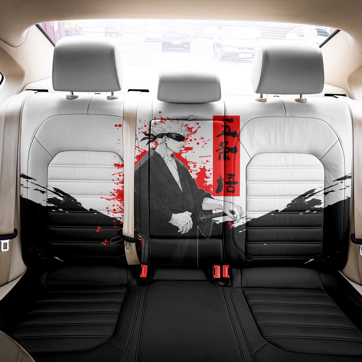 Satoru Gojo Jujutsu Kaisen Samurai Style Back Car Seat Cover with Katana, Red Kanji and Oni Mask Illustration - The Mazicc