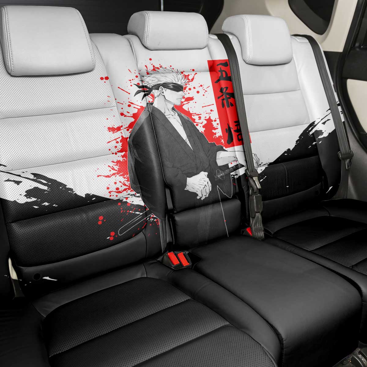 Satoru Gojo Jujutsu Kaisen Samurai Style Back Car Seat Cover with Katana, Red Kanji and Oni Mask Illustration - The Mazicc