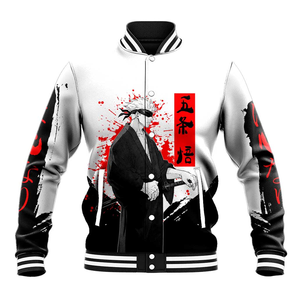 Satoru Gojo Jujutsu Kaisen Samurai Style Baseball Jacket with Katana, Red Kanji and Oni Mask Illustration - The Mazicc