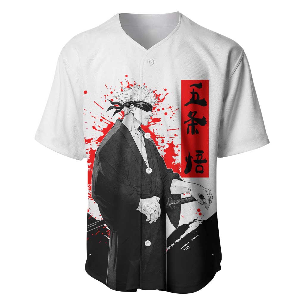 Satoru Gojo Jujutsu Kaisen Samurai Style Baseball Jersey with Katana, Red Kanji and Oni Mask Illustration - The Mazicc