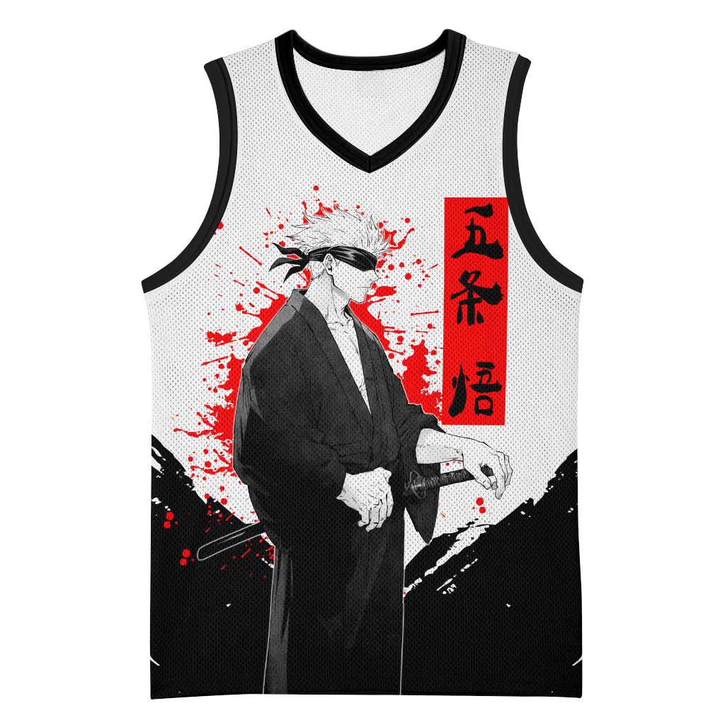 Satoru Gojo Jujutsu Kaisen Samurai Style Basketball Jersey with Katana, Red Kanji and Oni Mask Illustration - The Mazicc