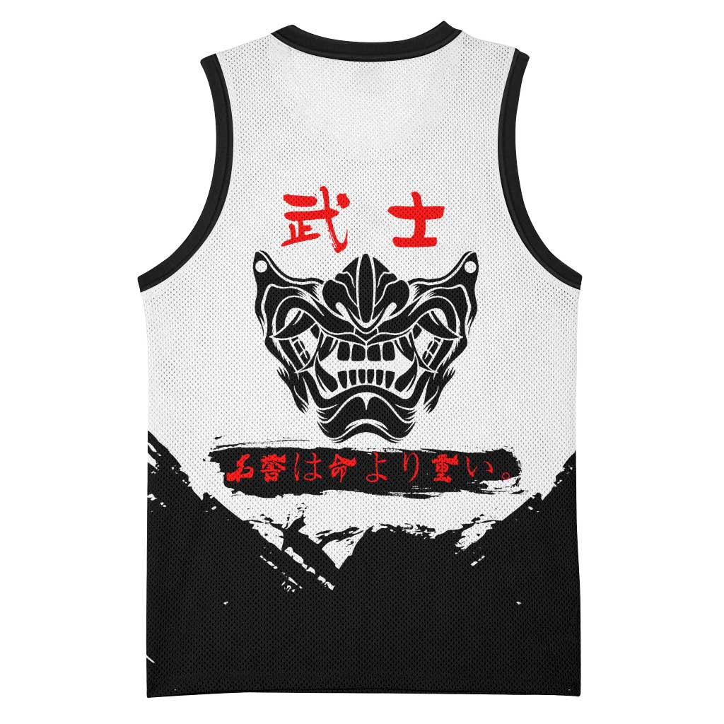 Satoru Gojo Jujutsu Kaisen Samurai Style Basketball Jersey with Katana, Red Kanji and Oni Mask Illustration - The Mazicc