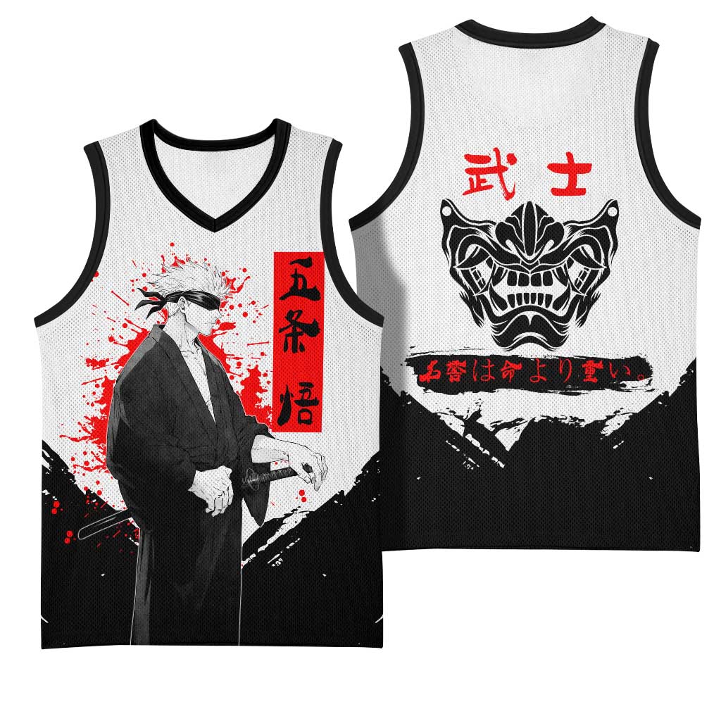 Satoru Gojo Jujutsu Kaisen Samurai Style Basketball Jersey with Katana, Red Kanji and Oni Mask Illustration - The Mazicc