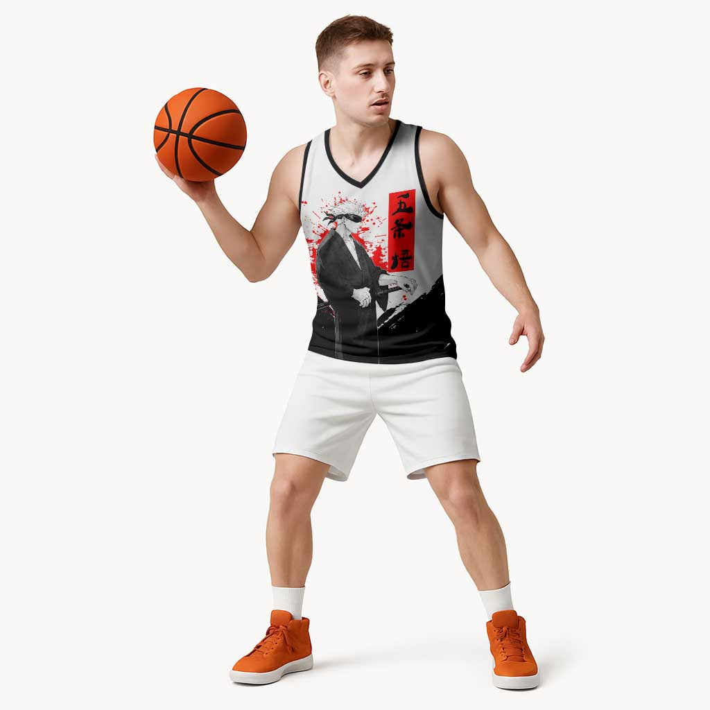 Satoru Gojo Jujutsu Kaisen Samurai Style Basketball Jersey with Katana, Red Kanji and Oni Mask Illustration - The Mazicc