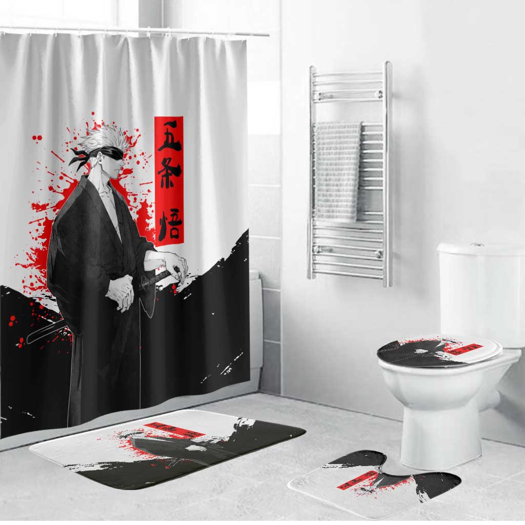 Satoru Gojo Jujutsu Kaisen Samurai Style Bathroom Set with Katana, Red Kanji and Oni Mask Illustration - The Mazicc