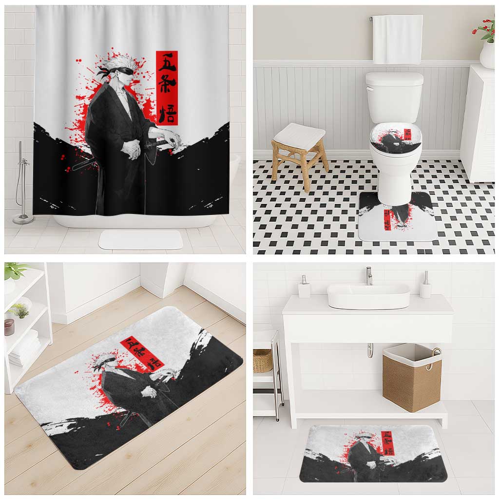 Satoru Gojo Jujutsu Kaisen Samurai Style Bathroom Set with Katana, Red Kanji and Oni Mask Illustration - The Mazicc