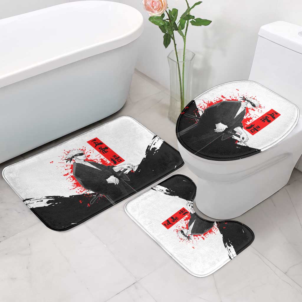 Satoru Gojo Jujutsu Kaisen Samurai Style Bathroom Set with Katana, Red Kanji and Oni Mask Illustration - The Mazicc