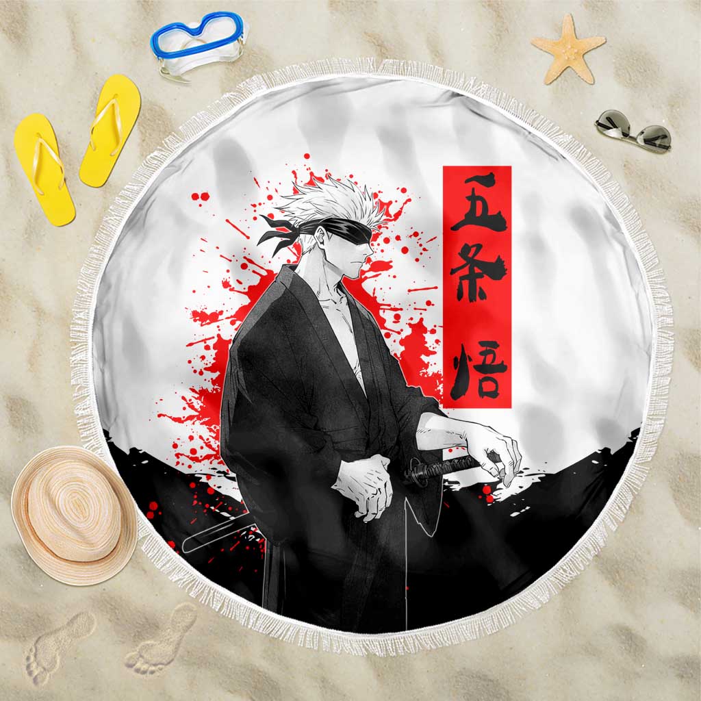 Satoru Gojo Jujutsu Kaisen Samurai Style Beach Blanket with Katana, Red Kanji and Oni Mask Illustration - The Mazicc