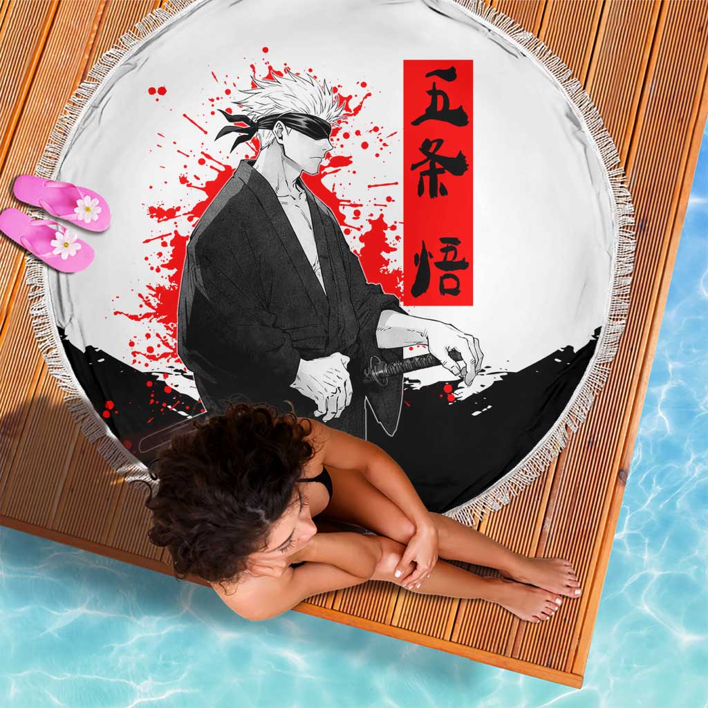 Satoru Gojo Jujutsu Kaisen Samurai Style Beach Blanket with Katana, Red Kanji and Oni Mask Illustration - The Mazicc