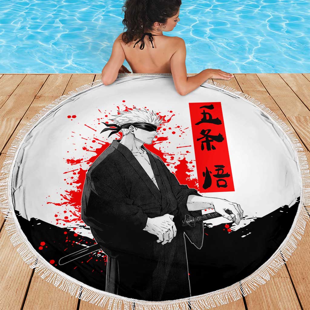 Satoru Gojo Jujutsu Kaisen Samurai Style Beach Blanket with Katana, Red Kanji and Oni Mask Illustration - The Mazicc