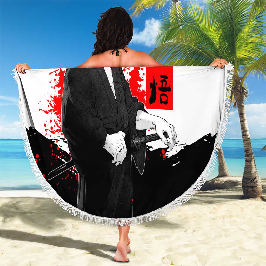 Satoru Gojo Jujutsu Kaisen Samurai Style Beach Blanket with Katana, Red Kanji and Oni Mask Illustration - The Mazicc