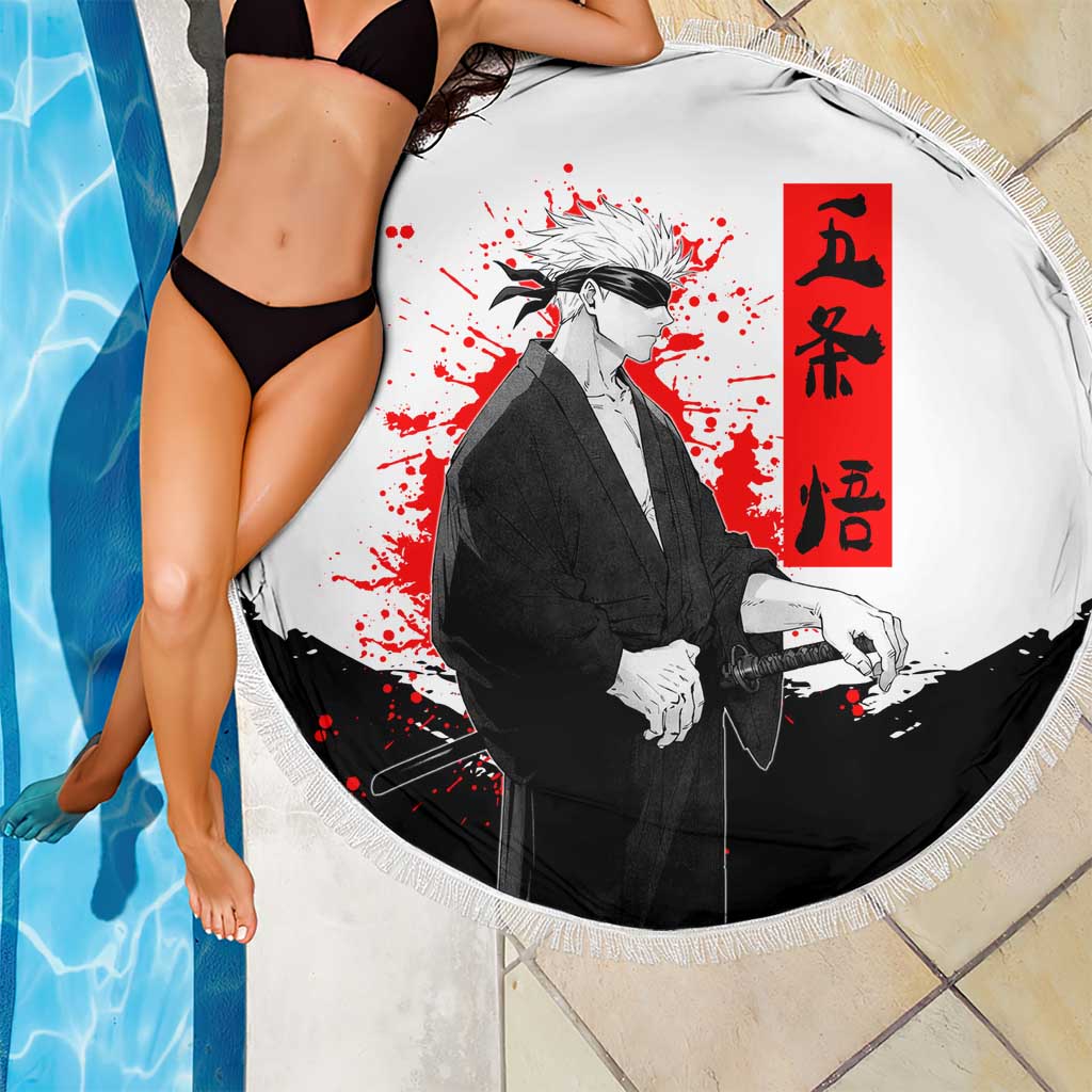 Satoru Gojo Jujutsu Kaisen Samurai Style Beach Blanket with Katana, Red Kanji and Oni Mask Illustration - The Mazicc