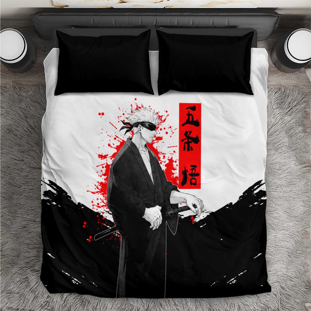 Satoru Gojo Jujutsu Kaisen Samurai Style Bedding Set with Katana, Red Kanji and Oni Mask Illustration - The Mazicc