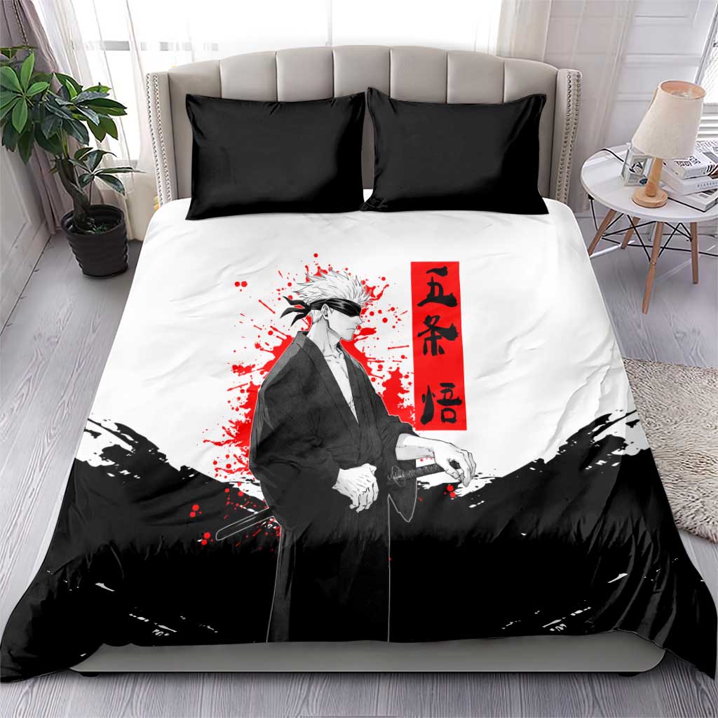 Satoru Gojo Jujutsu Kaisen Samurai Style Bedding Set with Katana, Red Kanji and Oni Mask Illustration - The Mazicc