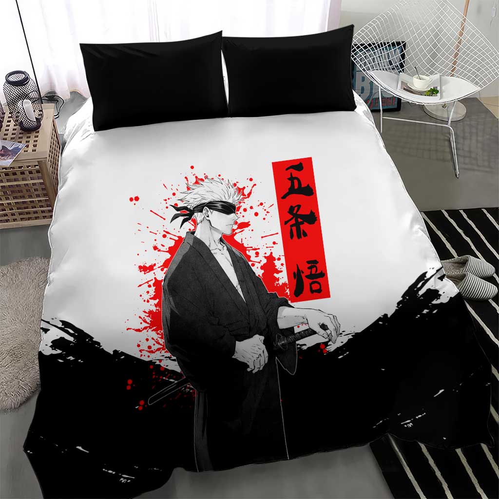 Satoru Gojo Jujutsu Kaisen Samurai Style Bedding Set with Katana, Red Kanji and Oni Mask Illustration - The Mazicc