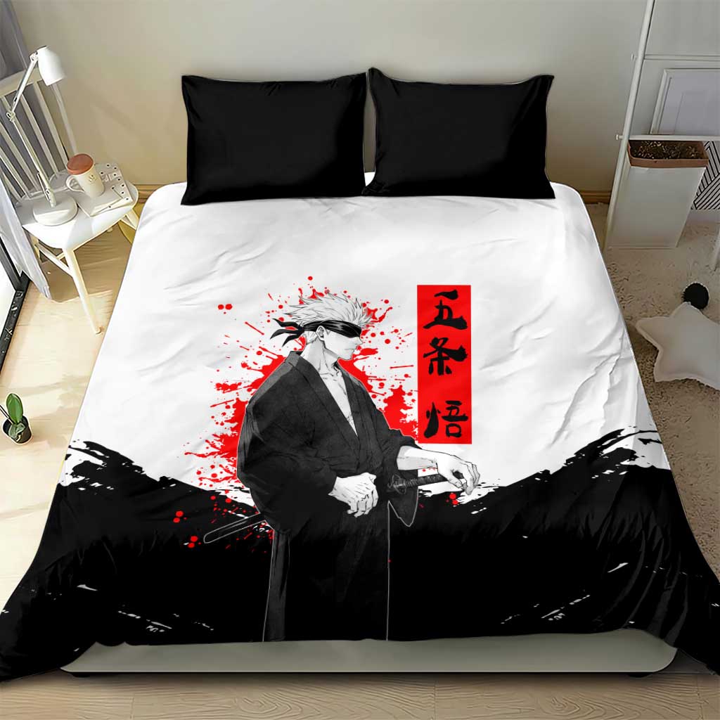 Satoru Gojo Jujutsu Kaisen Samurai Style Bedding Set with Katana, Red Kanji and Oni Mask Illustration - The Mazicc
