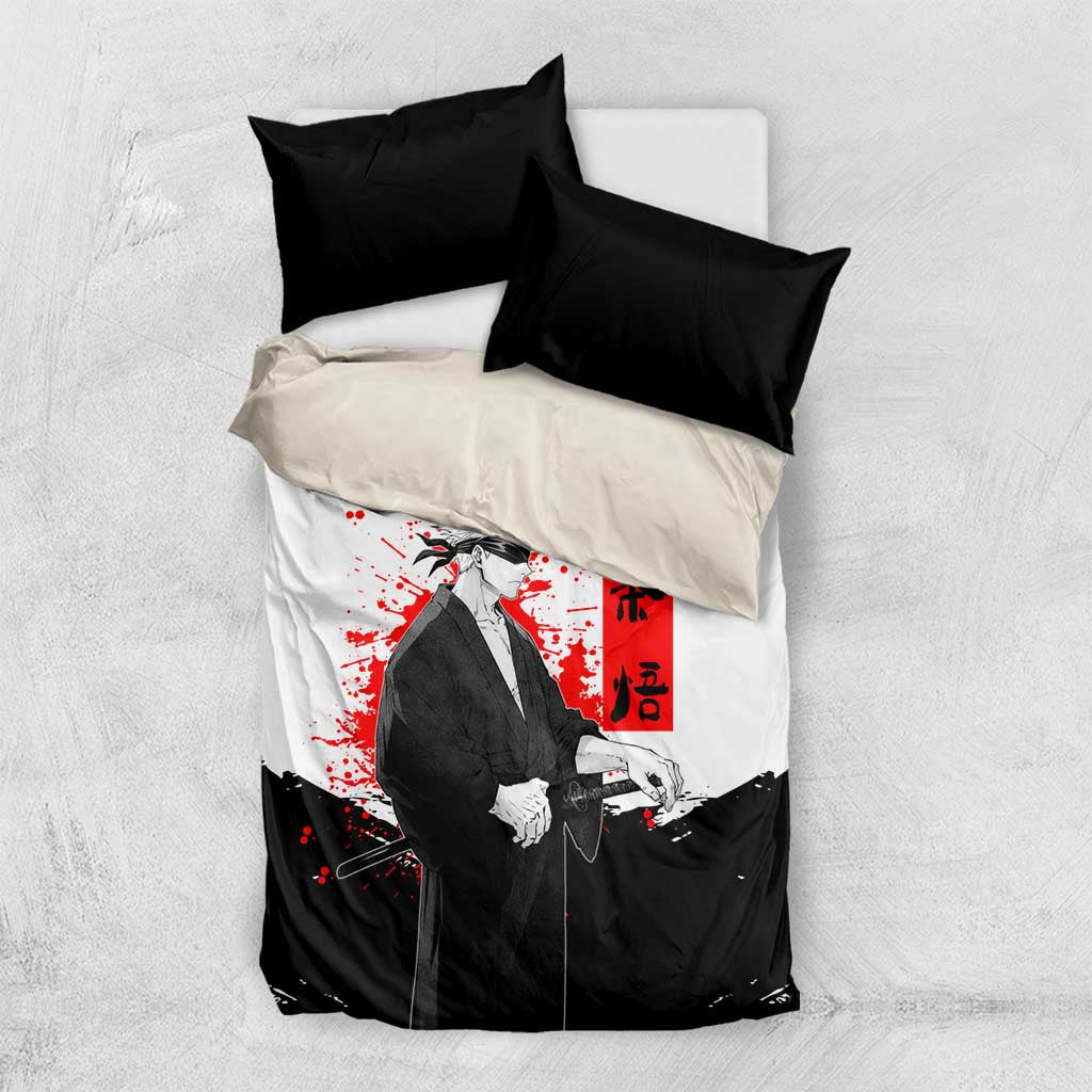 Satoru Gojo Jujutsu Kaisen Samurai Style Bedding Set with Katana, Red Kanji and Oni Mask Illustration - The Mazicc