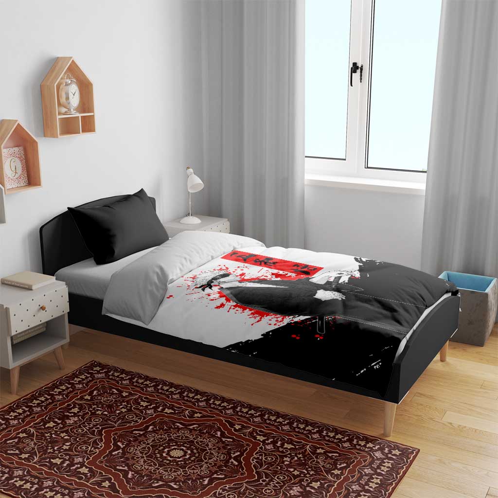 Satoru Gojo Jujutsu Kaisen Samurai Style Bedding Set with Katana, Red Kanji and Oni Mask Illustration - The Mazicc