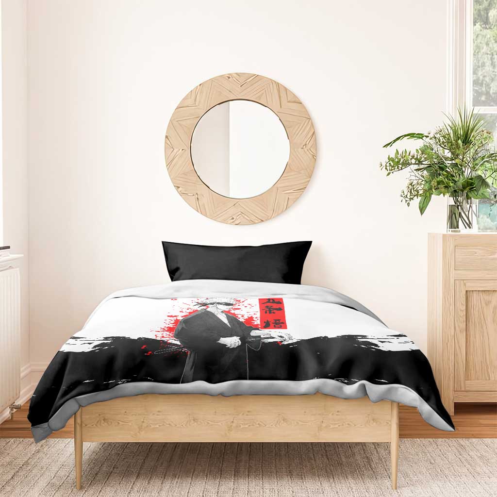 Satoru Gojo Jujutsu Kaisen Samurai Style Bedding Set with Katana, Red Kanji and Oni Mask Illustration - The Mazicc