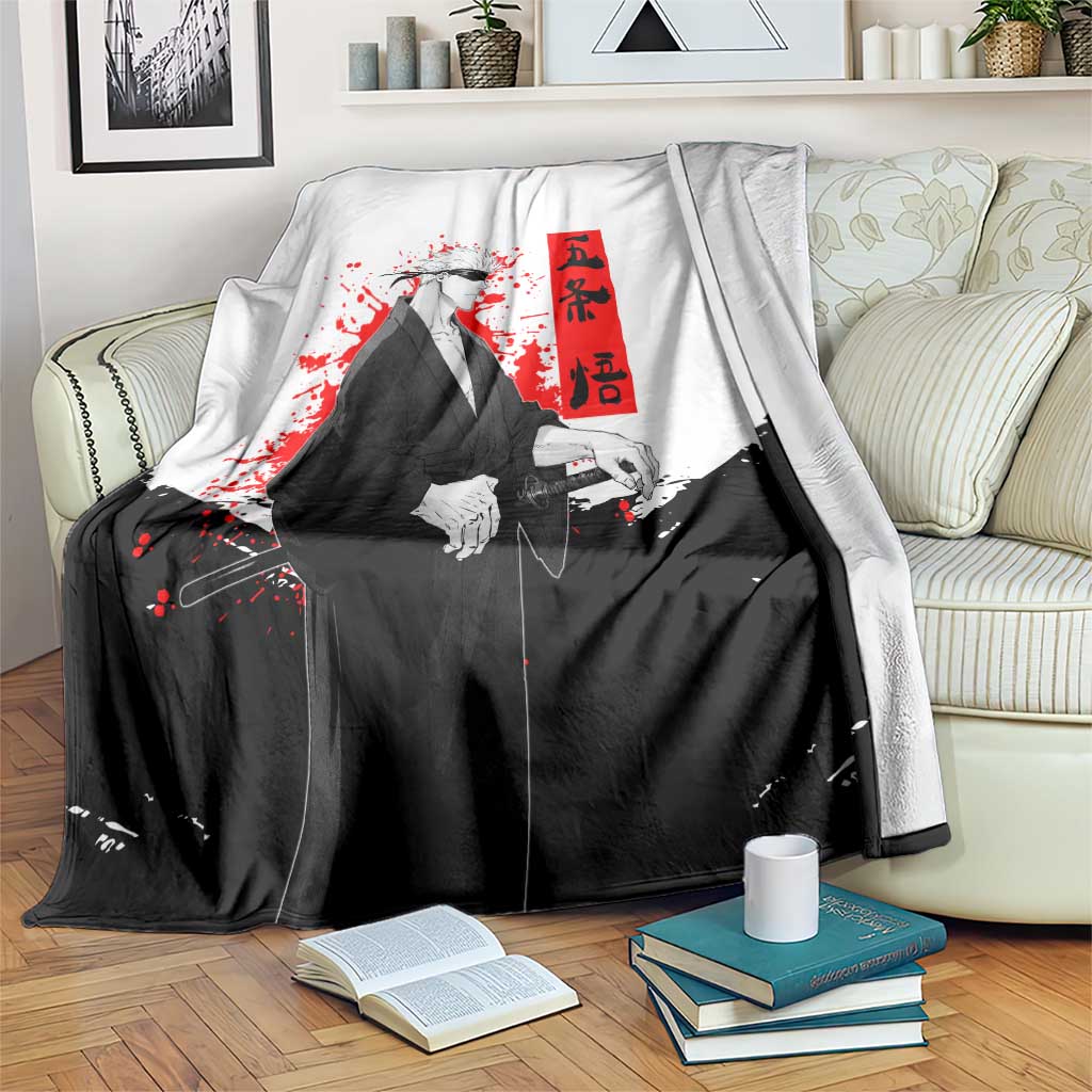 Satoru Gojo Jujutsu Kaisen Samurai Style Blanket with Katana, Red Kanji and Oni Mask Illustration - The Mazicc
