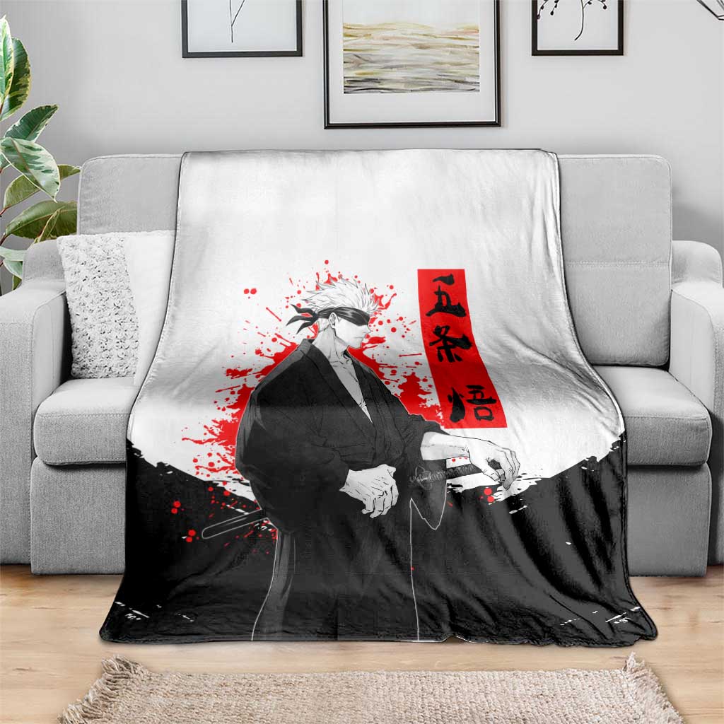 Satoru Gojo Jujutsu Kaisen Samurai Style Blanket with Katana, Red Kanji and Oni Mask Illustration - The Mazicc