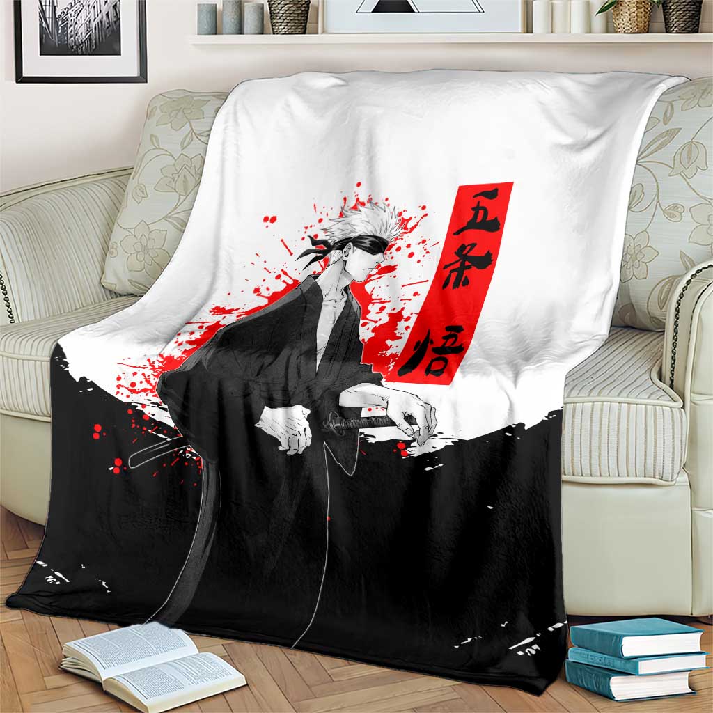 Satoru Gojo Jujutsu Kaisen Samurai Style Blanket with Katana, Red Kanji and Oni Mask Illustration - The Mazicc