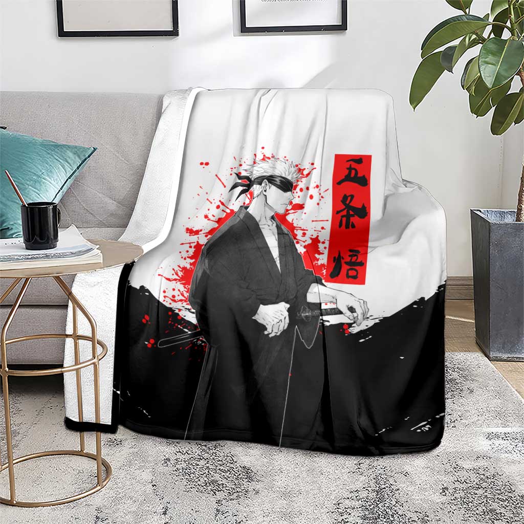 Satoru Gojo Jujutsu Kaisen Samurai Style Blanket with Katana, Red Kanji and Oni Mask Illustration - The Mazicc