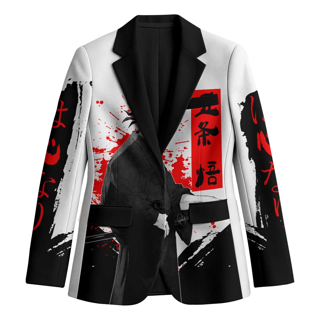 Satoru Gojo Jujutsu Kaisen Samurai Style Blazer with Katana, Red Kanji and Oni Mask Illustration - The Mazicc