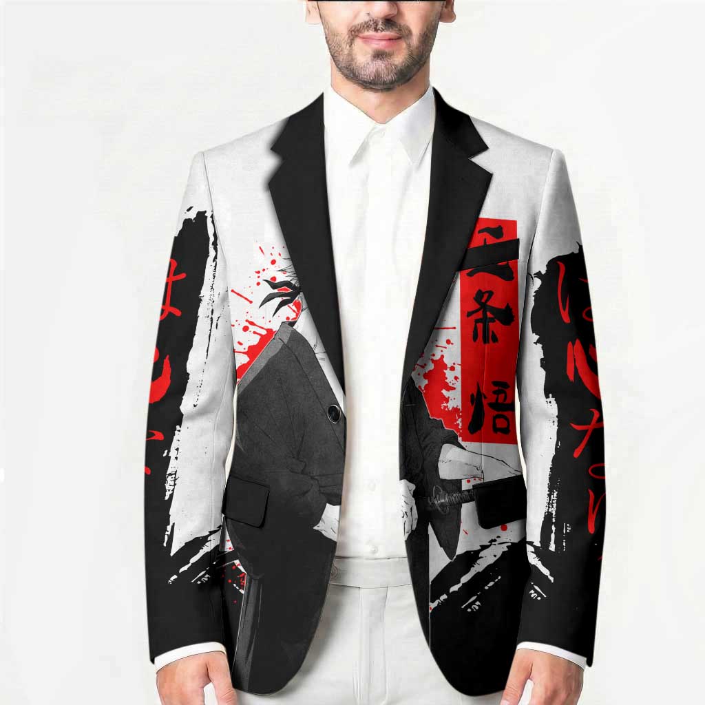 Satoru Gojo Jujutsu Kaisen Samurai Style Blazer with Katana, Red Kanji and Oni Mask Illustration - The Mazicc