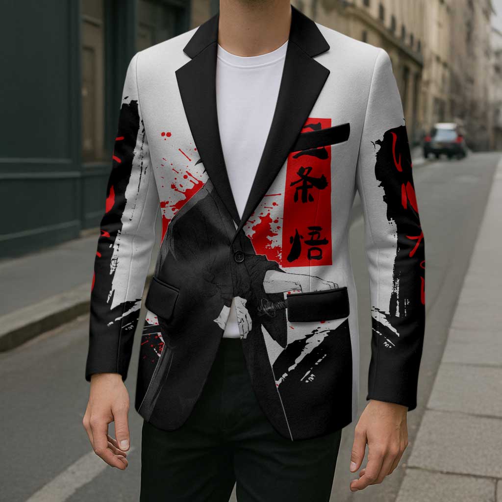 Satoru Gojo Jujutsu Kaisen Samurai Style Blazer with Katana, Red Kanji and Oni Mask Illustration - The Mazicc