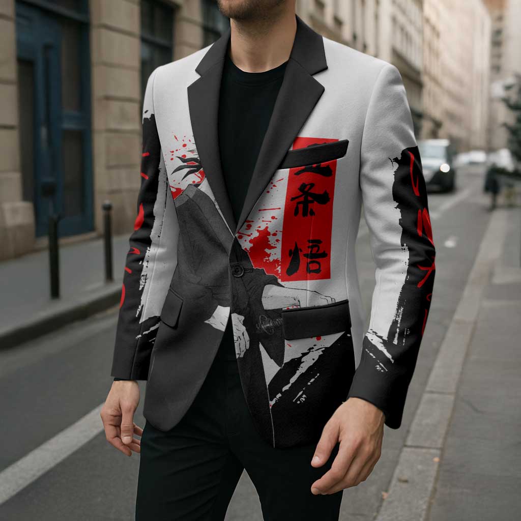 Satoru Gojo Jujutsu Kaisen Samurai Style Blazer with Katana, Red Kanji and Oni Mask Illustration - The Mazicc