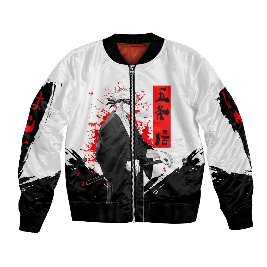 Satoru Gojo Jujutsu Kaisen Samurai Style Bomber Jacket with Katana, Red Kanji and Oni Mask Illustration - The Mazicc