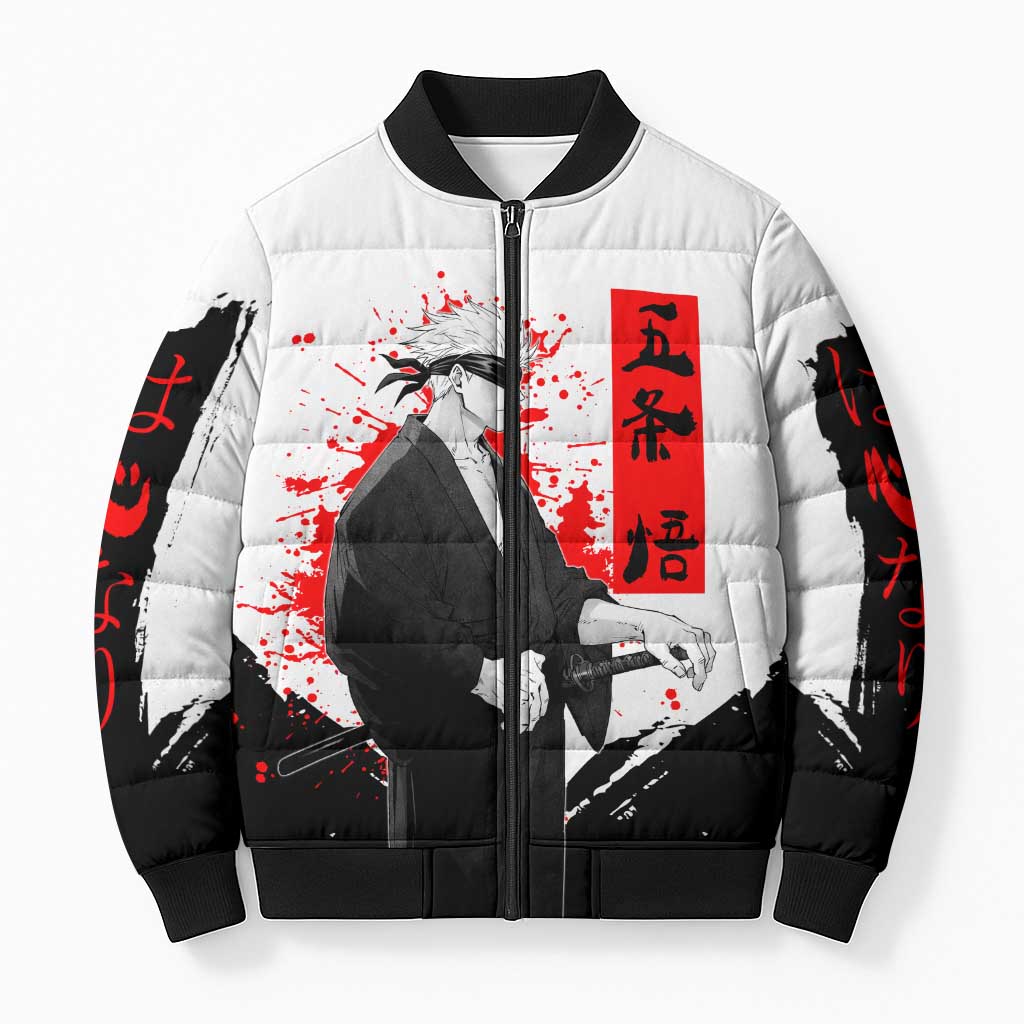 Satoru Gojo Jujutsu Kaisen Samurai Style Bomber Puffer Jacket with Katana, Red Kanji and Oni Mask Illustration - The Mazicc