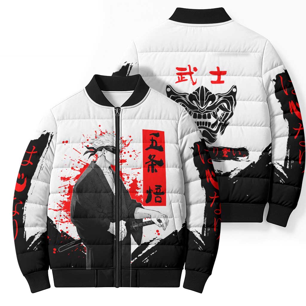 Satoru Gojo Jujutsu Kaisen Samurai Style Bomber Puffer Jacket with Katana, Red Kanji and Oni Mask Illustration - The Mazicc