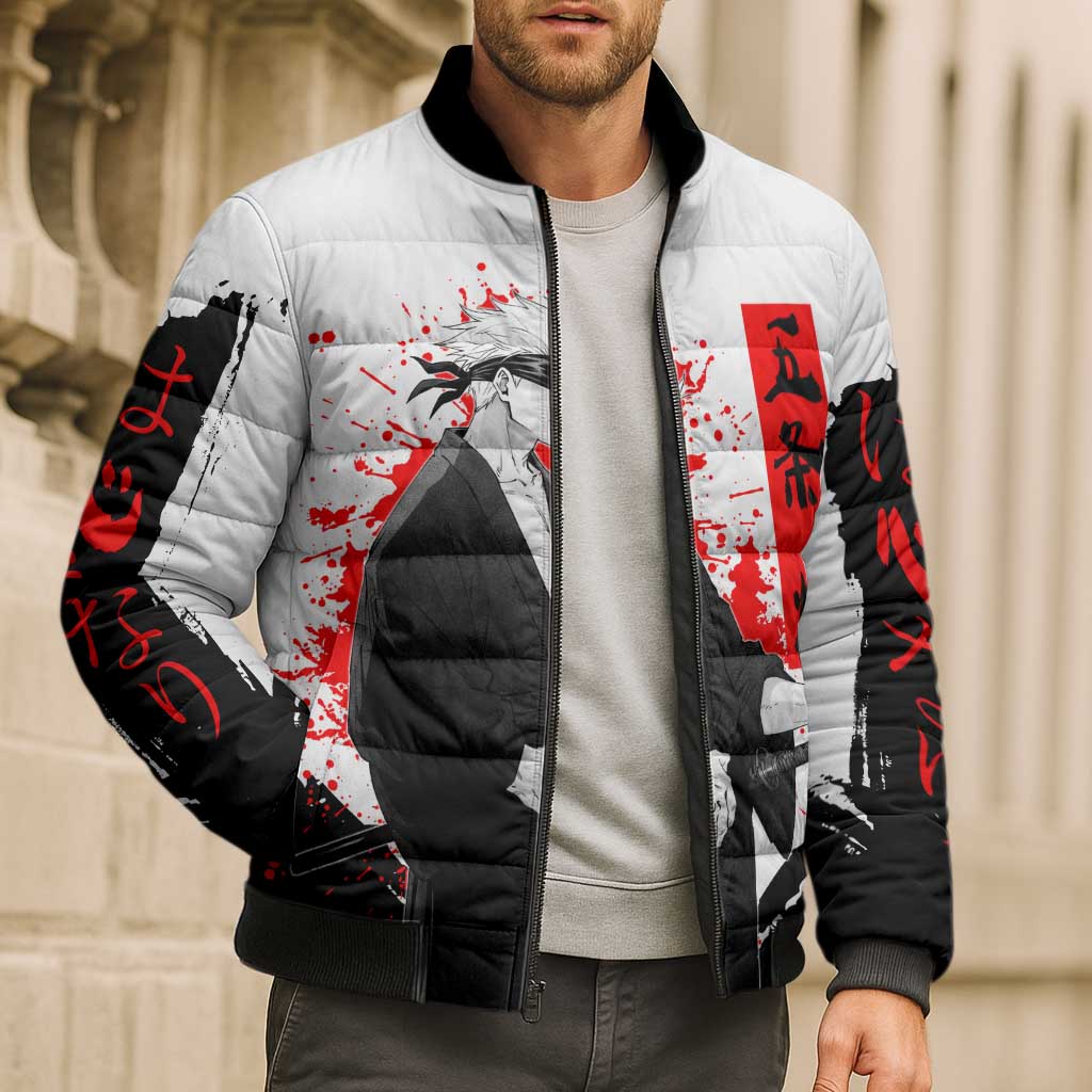Satoru Gojo Jujutsu Kaisen Samurai Style Bomber Puffer Jacket with Katana, Red Kanji and Oni Mask Illustration - The Mazicc
