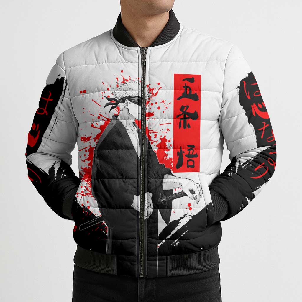 Satoru Gojo Jujutsu Kaisen Samurai Style Bomber Puffer Jacket with Katana, Red Kanji and Oni Mask Illustration - The Mazicc