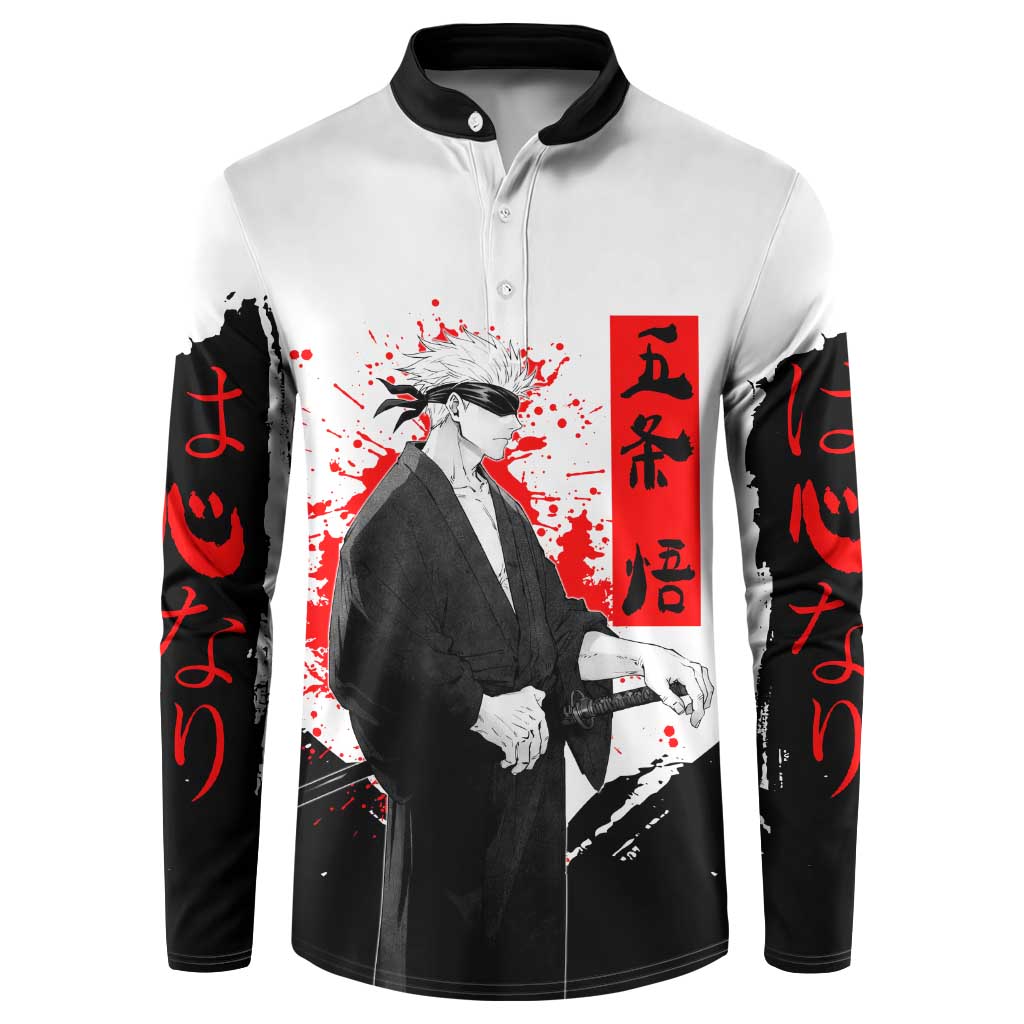 Satoru Gojo Jujutsu Kaisen Samurai Style Button Sweatshirt with Katana, Red Kanji and Oni Mask Illustration - The Mazicc