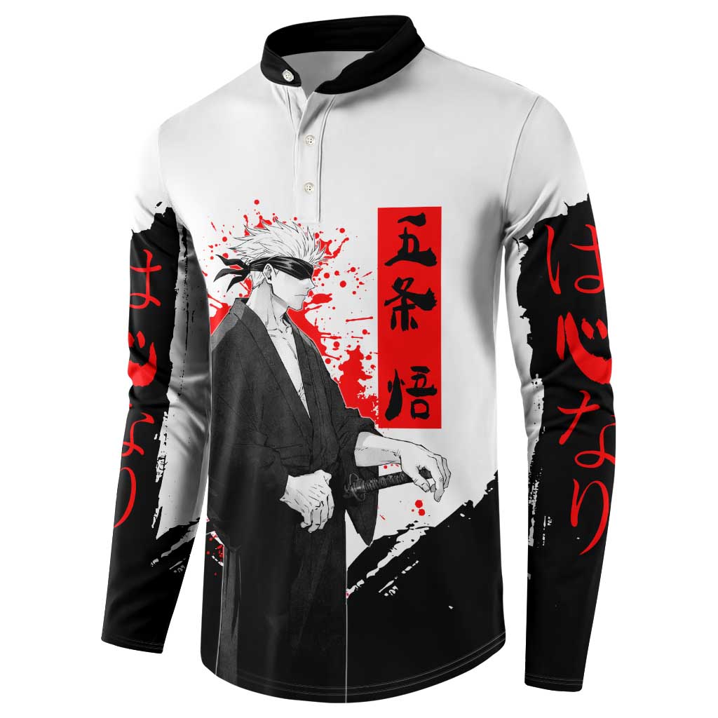 Satoru Gojo Jujutsu Kaisen Samurai Style Button Sweatshirt with Katana, Red Kanji and Oni Mask Illustration - The Mazicc