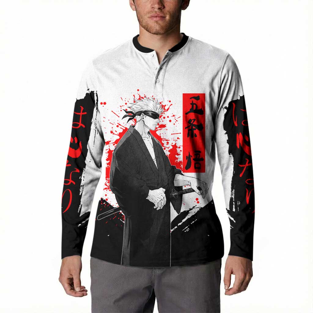 Satoru Gojo Jujutsu Kaisen Samurai Style Button Sweatshirt with Katana, Red Kanji and Oni Mask Illustration - The Mazicc