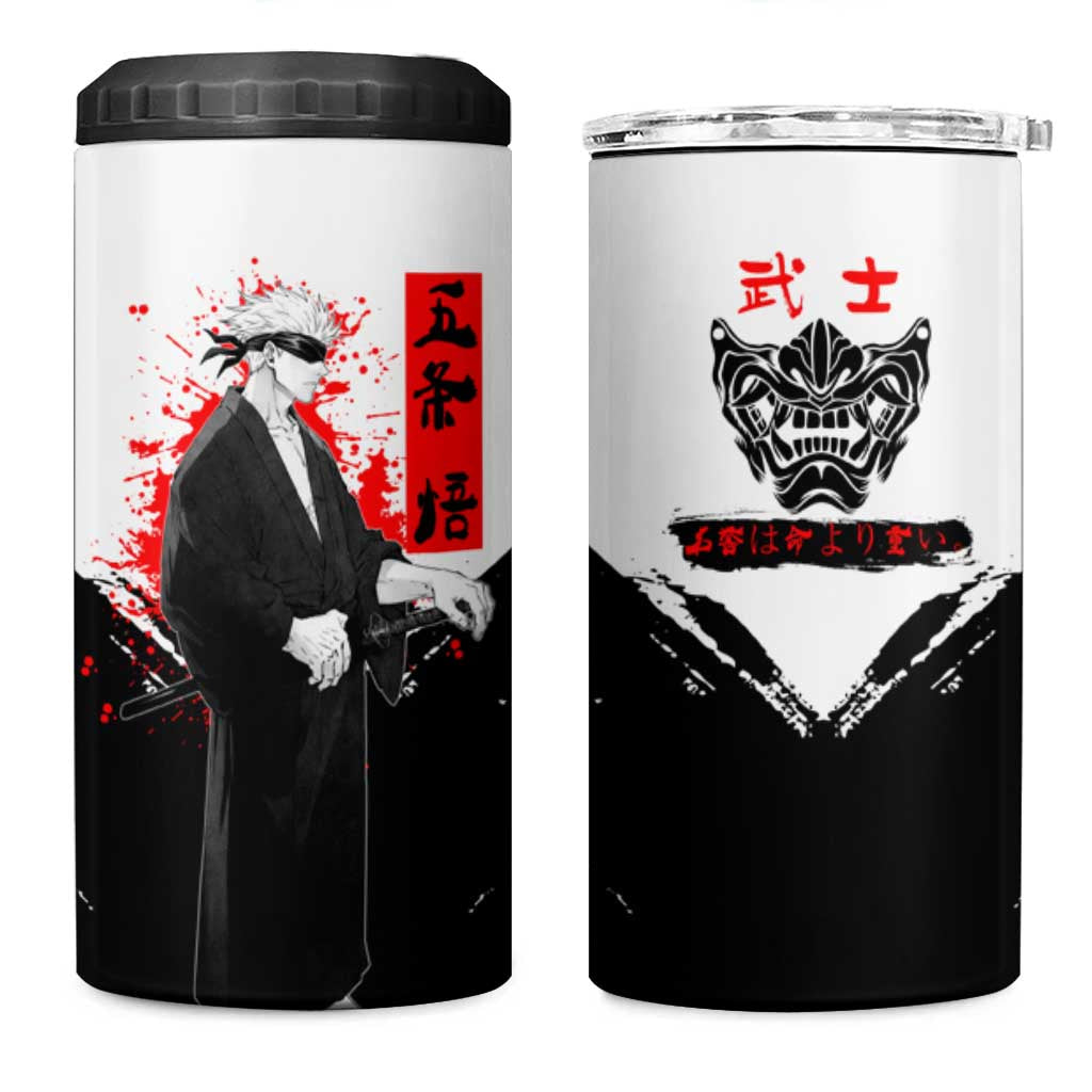 Satoru Gojo Jujutsu Kaisen Samurai Style 4 in 1 Can Cooler Tumbler with Katana, Red Kanji and Oni Mask Illustration - The Mazicc