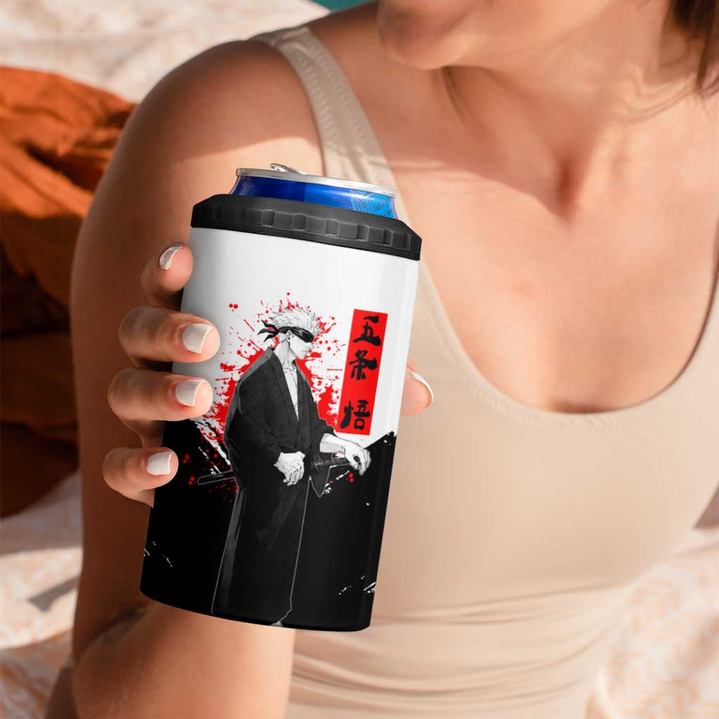 Satoru Gojo Jujutsu Kaisen Samurai Style 4 in 1 Can Cooler Tumbler with Katana, Red Kanji and Oni Mask Illustration - The Mazicc