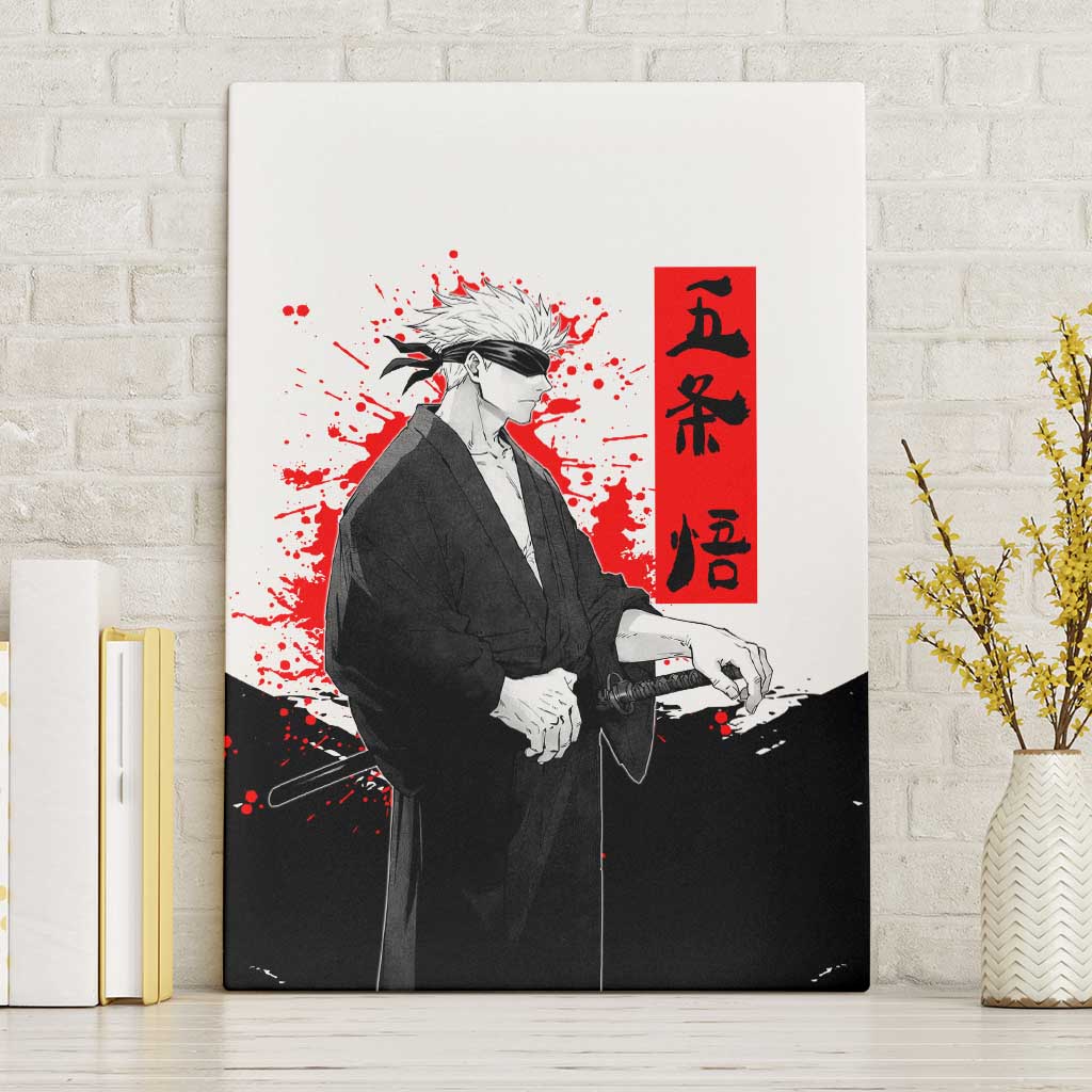 Satoru Gojo Jujutsu Kaisen Samurai Style Canvas Wall Art with Katana, Red Kanji and Oni Mask Illustration - The Mazicc