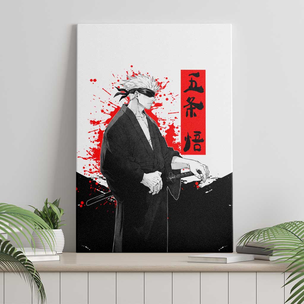 Satoru Gojo Jujutsu Kaisen Samurai Style Canvas Wall Art with Katana, Red Kanji and Oni Mask Illustration - The Mazicc