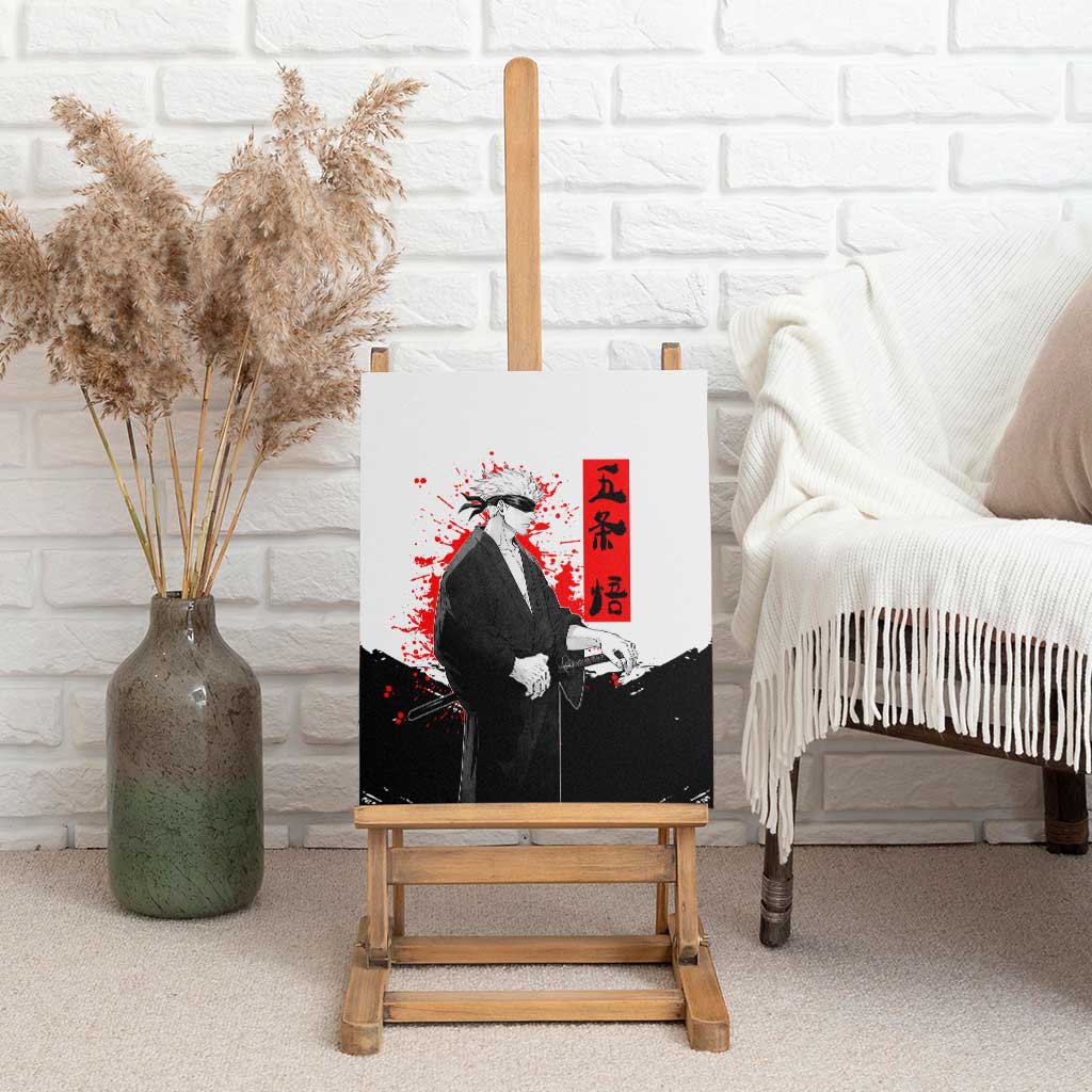 Satoru Gojo Jujutsu Kaisen Samurai Style Canvas Wall Art with Katana, Red Kanji and Oni Mask Illustration - The Mazicc