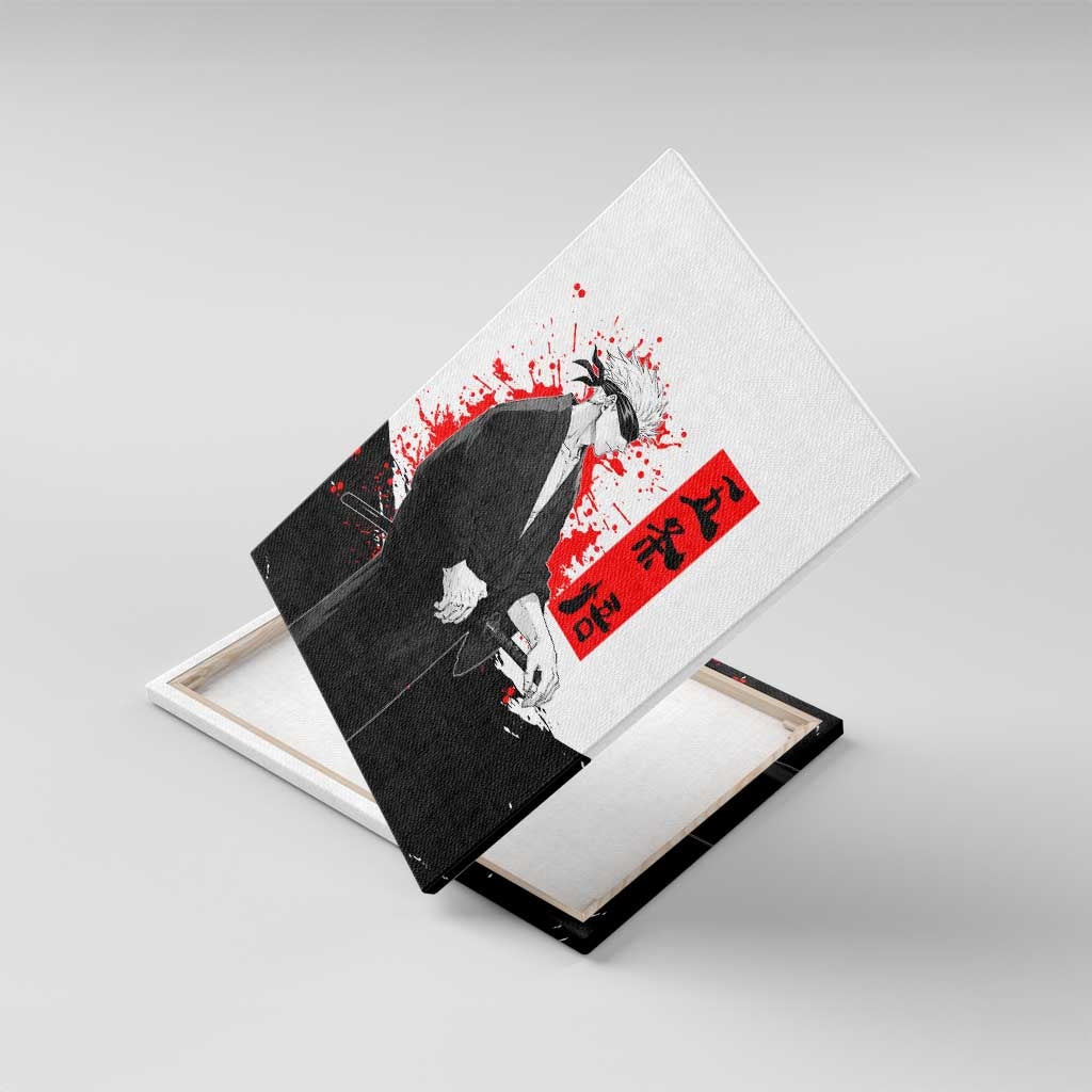 Satoru Gojo Jujutsu Kaisen Samurai Style Canvas Wall Art with Katana, Red Kanji and Oni Mask Illustration - The Mazicc