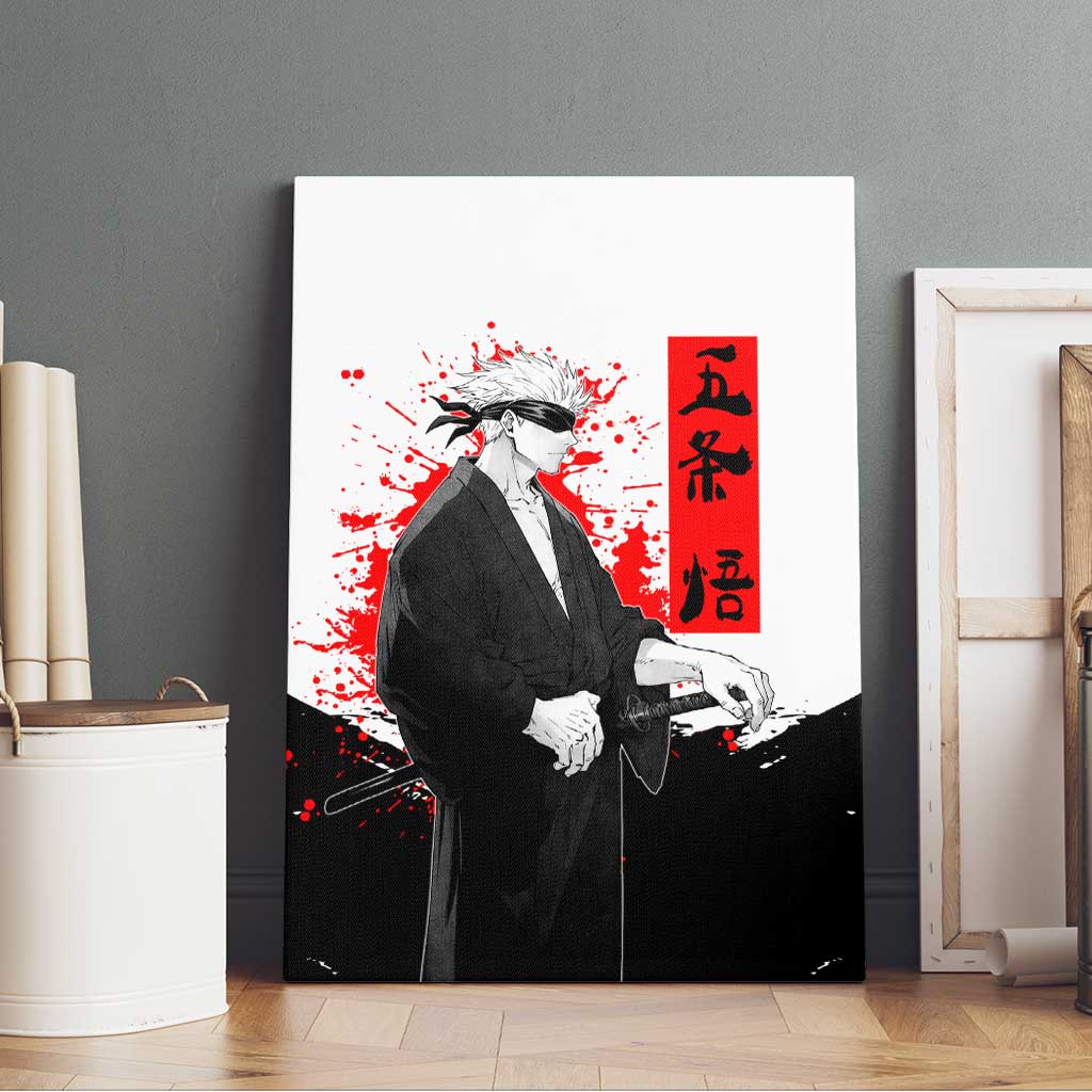 Satoru Gojo Jujutsu Kaisen Samurai Style Canvas Wall Art with Katana, Red Kanji and Oni Mask Illustration - The Mazicc